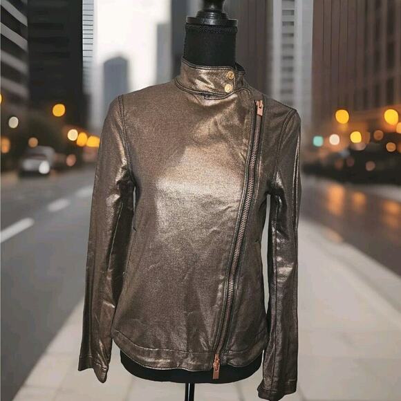 NWT! 7 Seven For All Mankind Copper Gold Metallic Biker Jacket Size XS - Picture 1 of 16